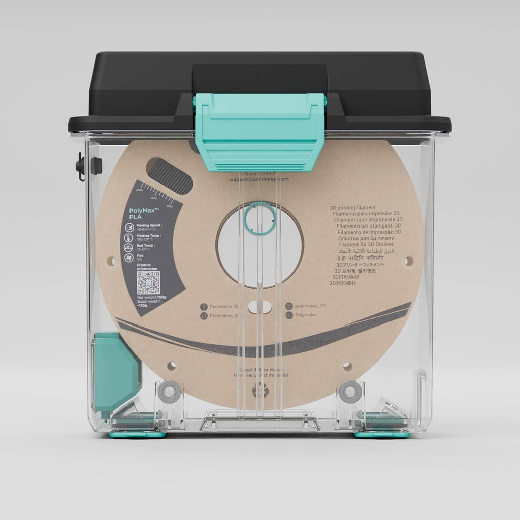 3D filament drying box showing brown spool inside clear chamber and central filament guides