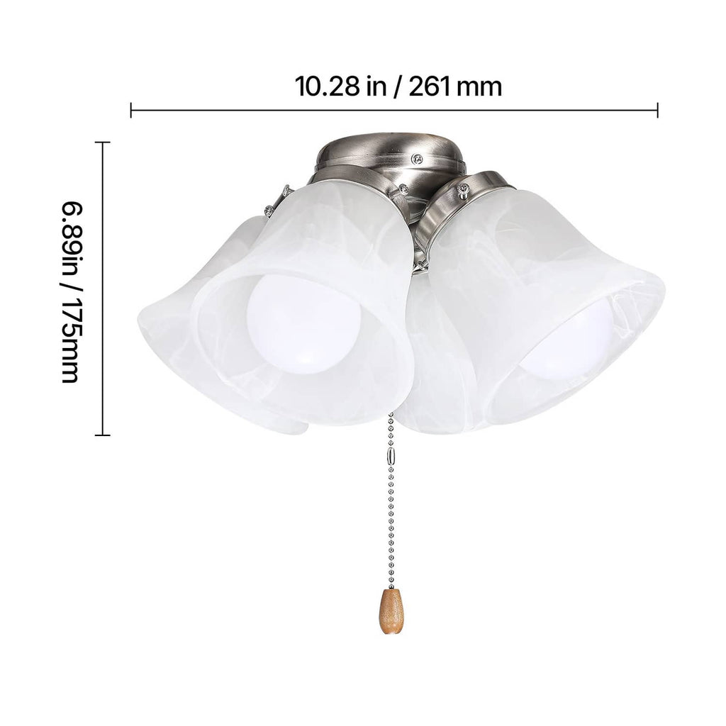 Close-up of four-light ceiling fan light kit with white shades and pull chain