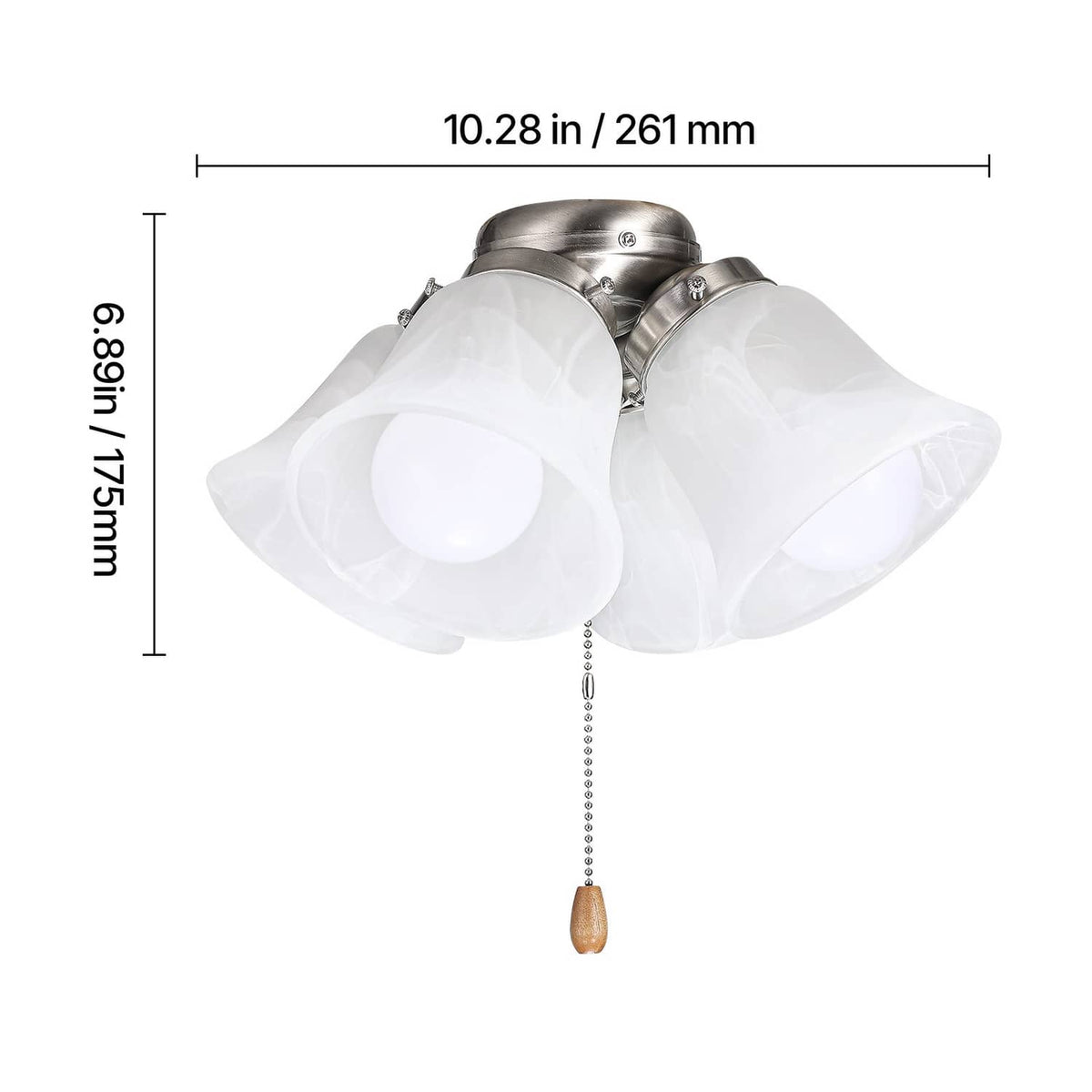 Close-up of four-light ceiling fan light kit with white shades and pull chain