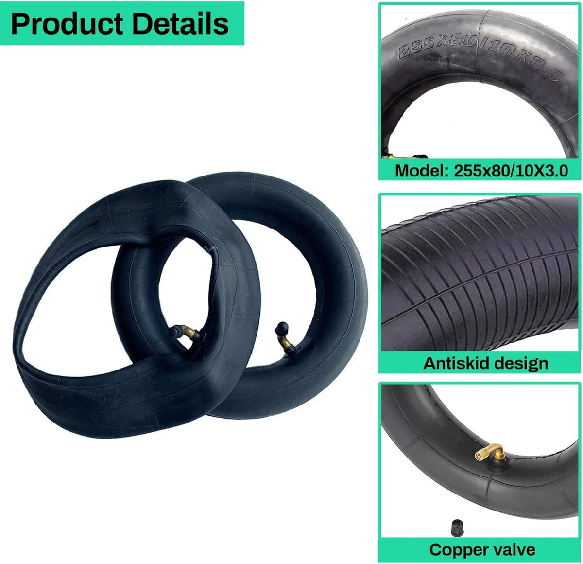 Black inner tube with copper valve and tread texture, shown in two views