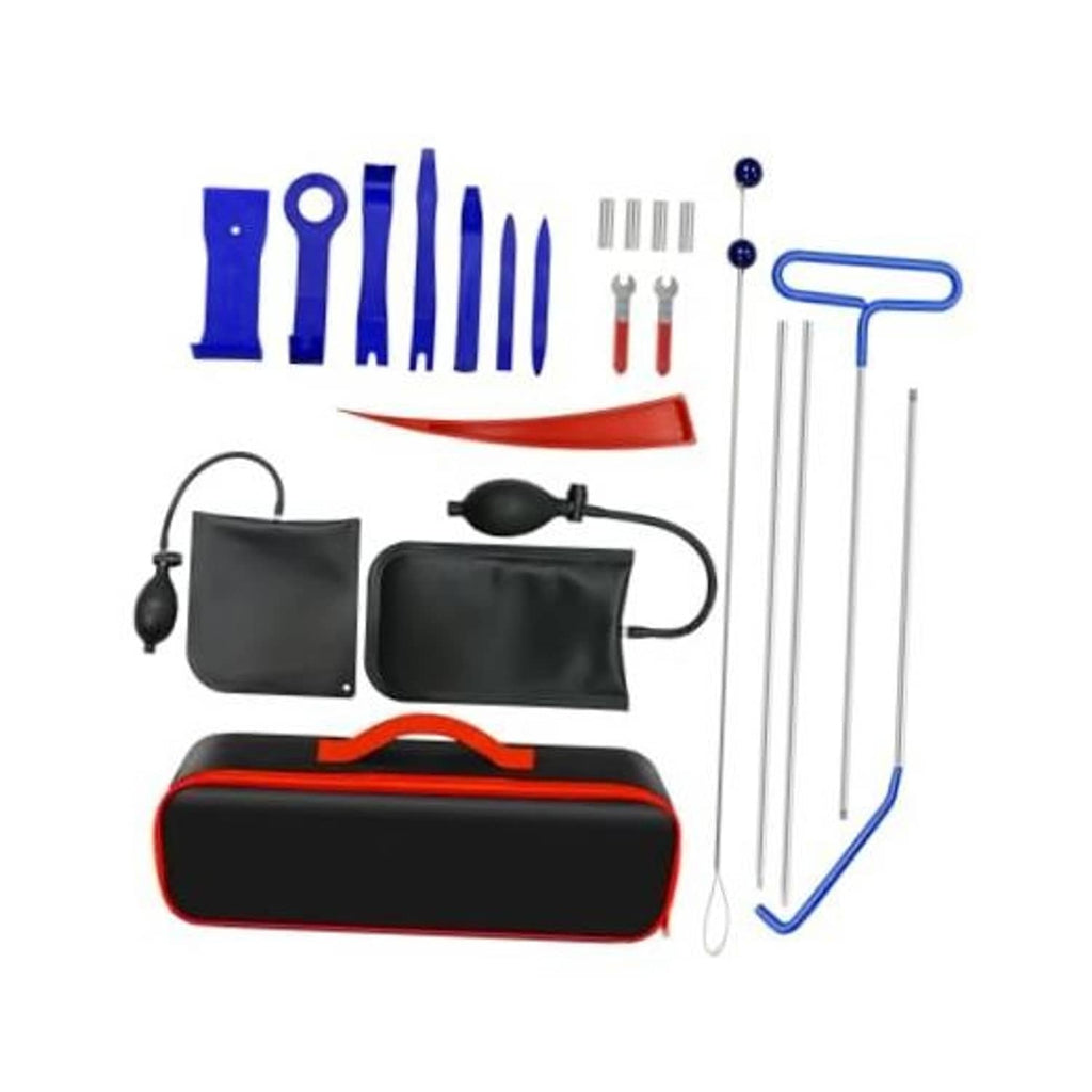Automotive repair tool kit with red-and-black case, wrenches, sockets, and rod tools