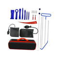 Automotive repair tool kit with red-and-black case, wrenches, sockets, and rod tools