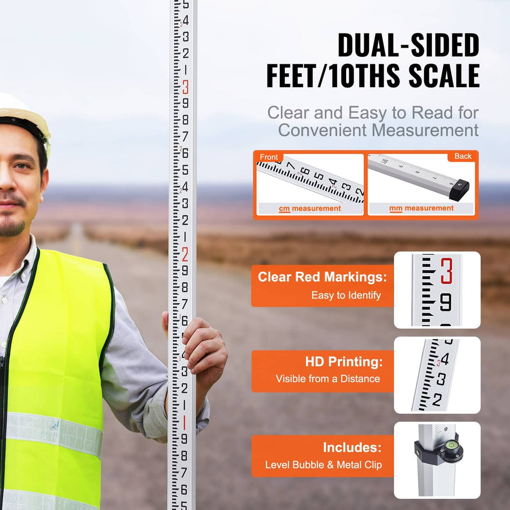 Telescopic measuring rod with dual-sided feet and 1/10 scale markings