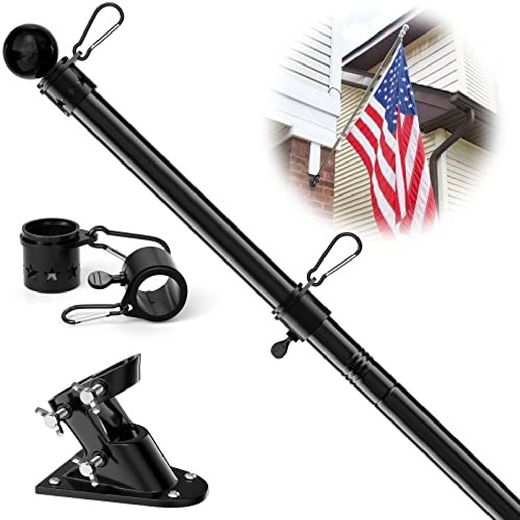 Black flagpole system with mounting bracket and hardware including clips