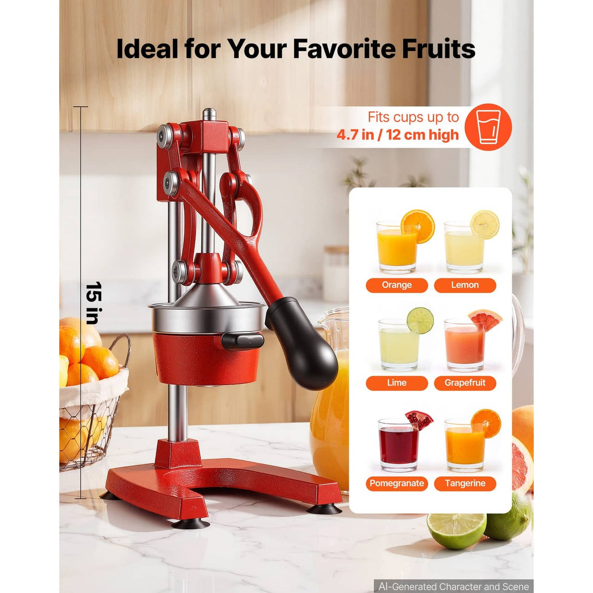 Red manual citrus juicer with black handle and stainless press cup on sturdy base