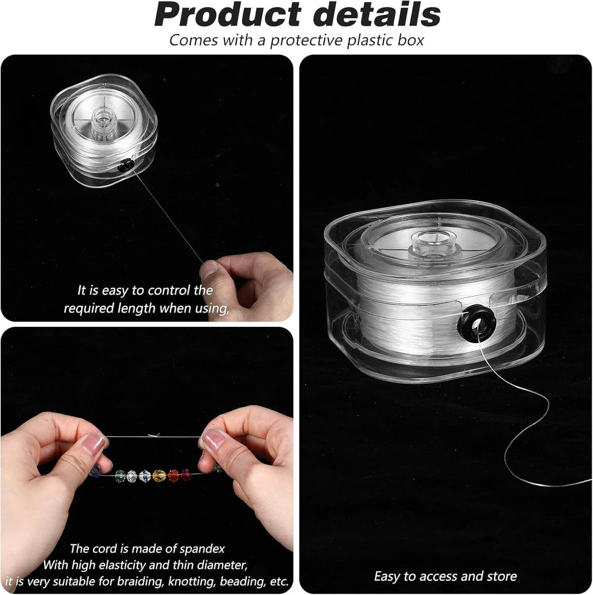 White elastic string on clear spool in protective plastic box, easy controlled threading
