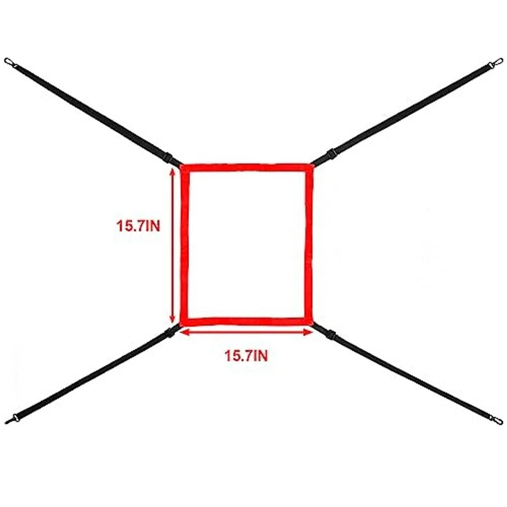 Square strike zone target frame with red border showing overall size measurements