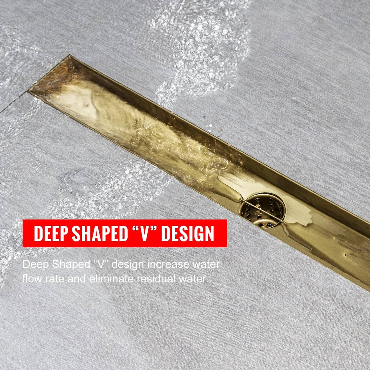 Gold linear shower drain grate featuring deep V shaped channel design