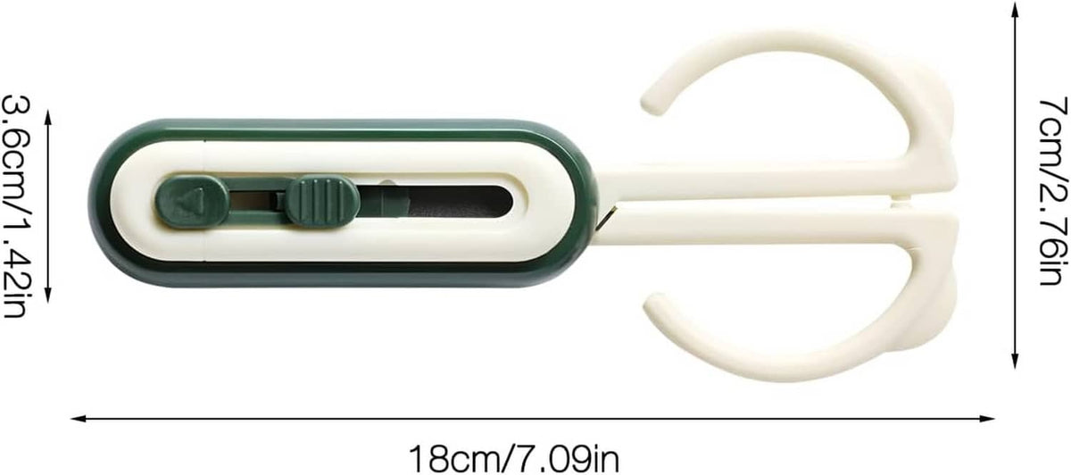 Green and white 2-in-1 magnetic scissors with size markings on a white background.