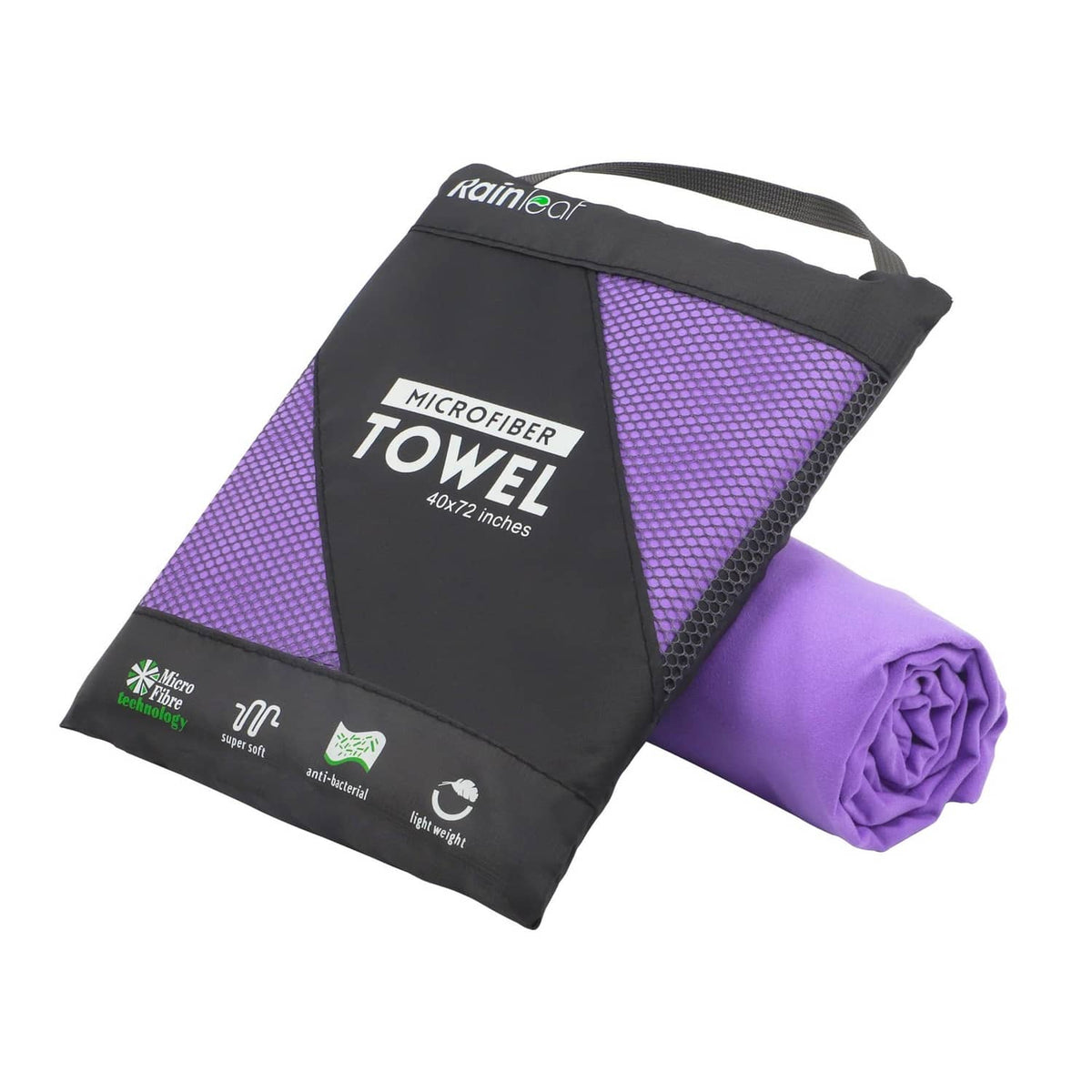 Violet microfiber towel with carry handle, folded with mesh-texture face