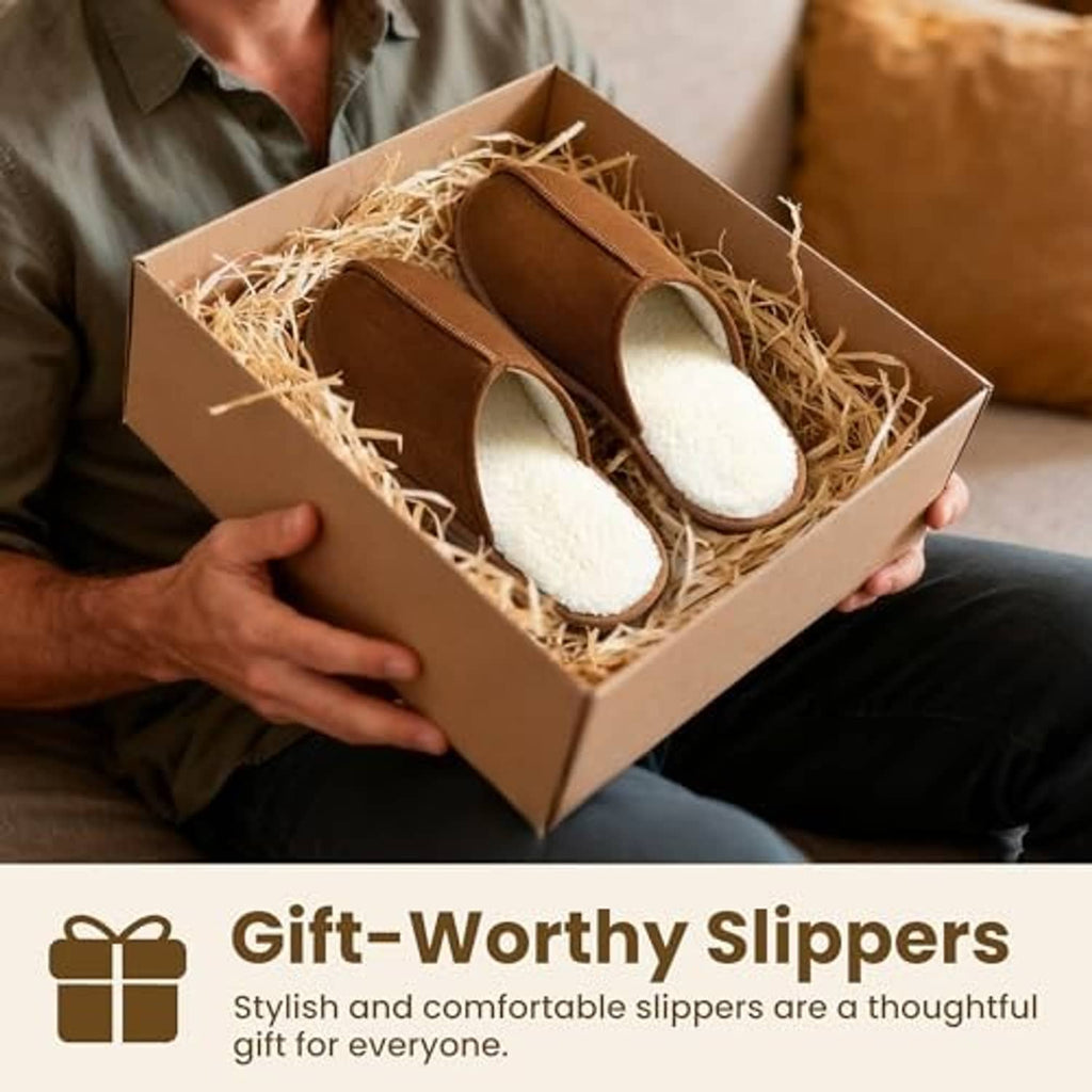 Chestnut suede scuff slippers with white sherpa lining in a gift-ready box
