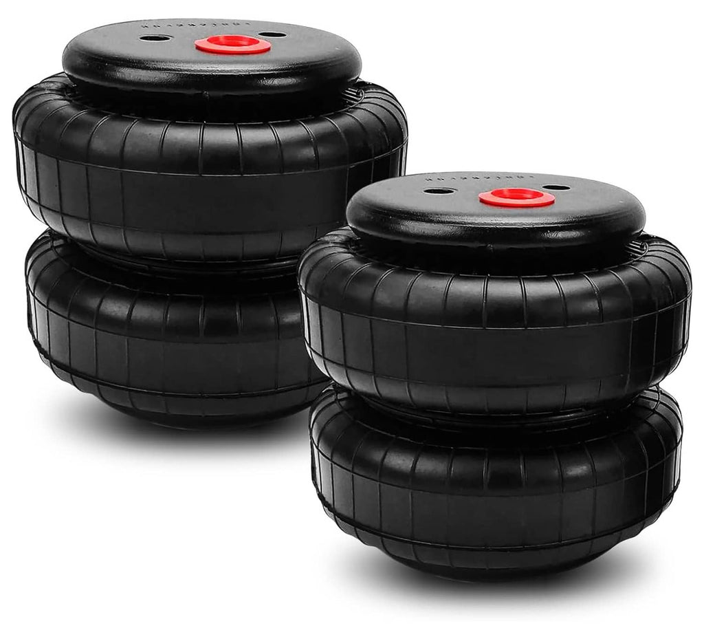 Pair of black air suspension bellows with red valve caps, double-bag design