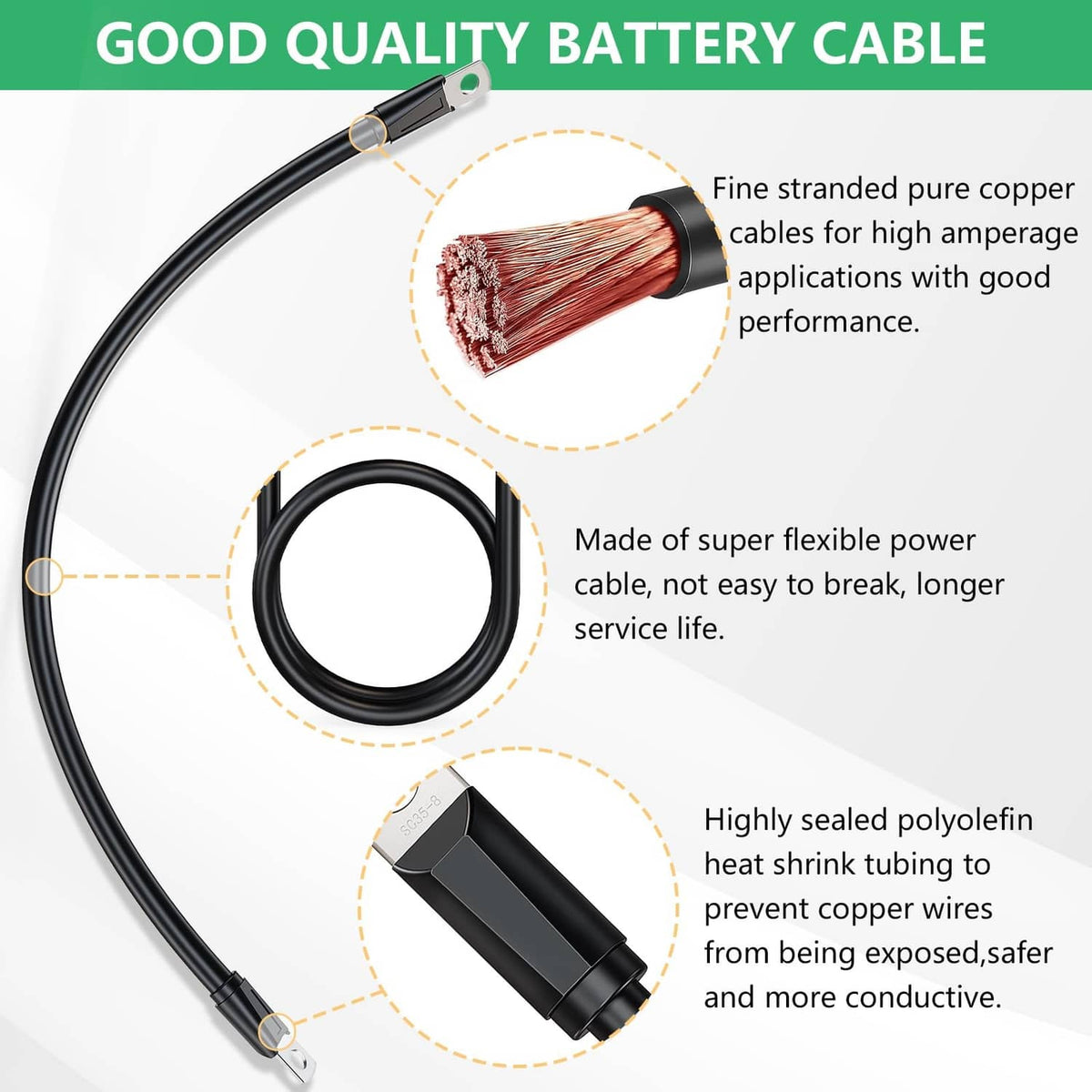 Black battery cable wiring kit with fine stranded copper conductors and sealed heat-shrink