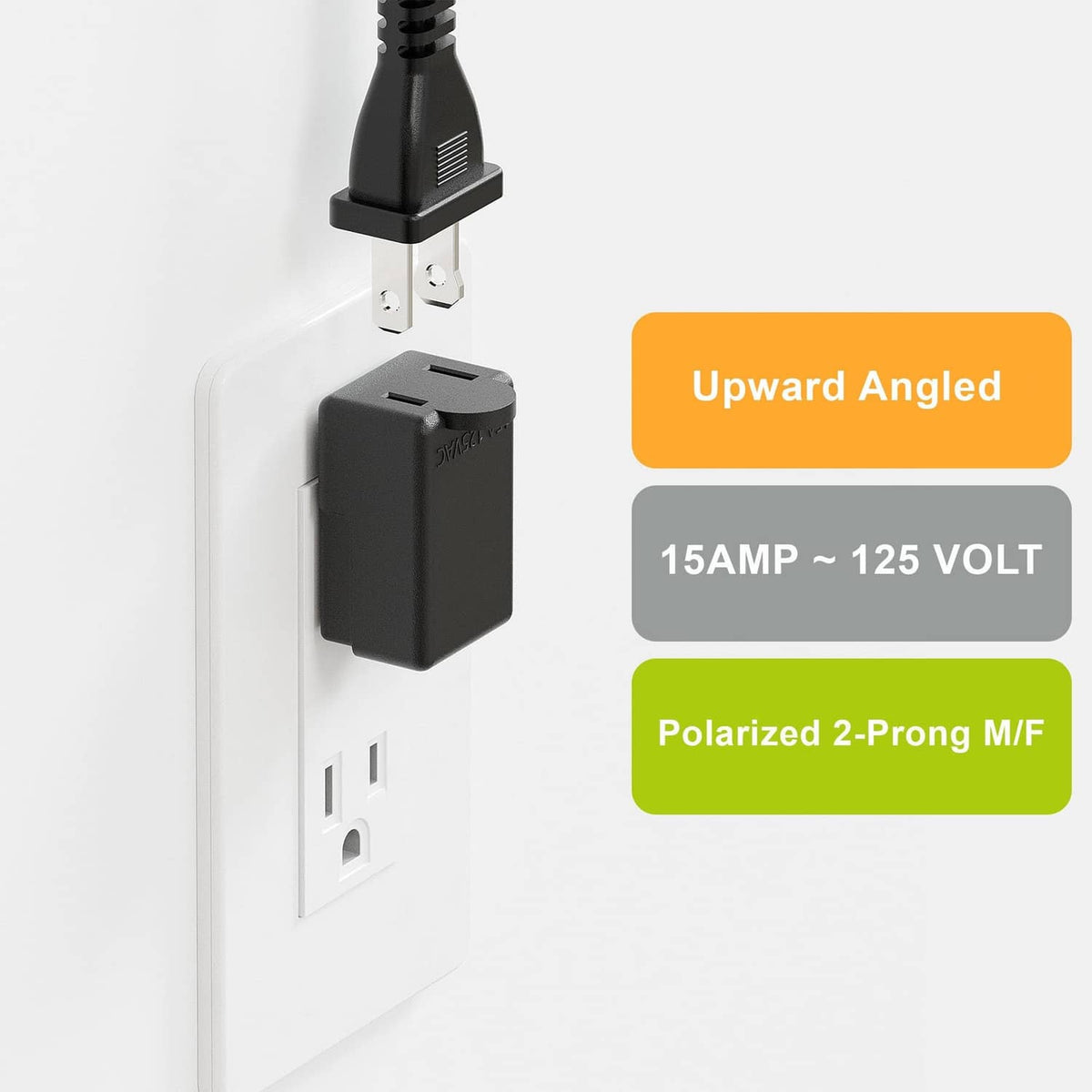 Black upward angled 2-prong AC adapter plugged into a wall outlet