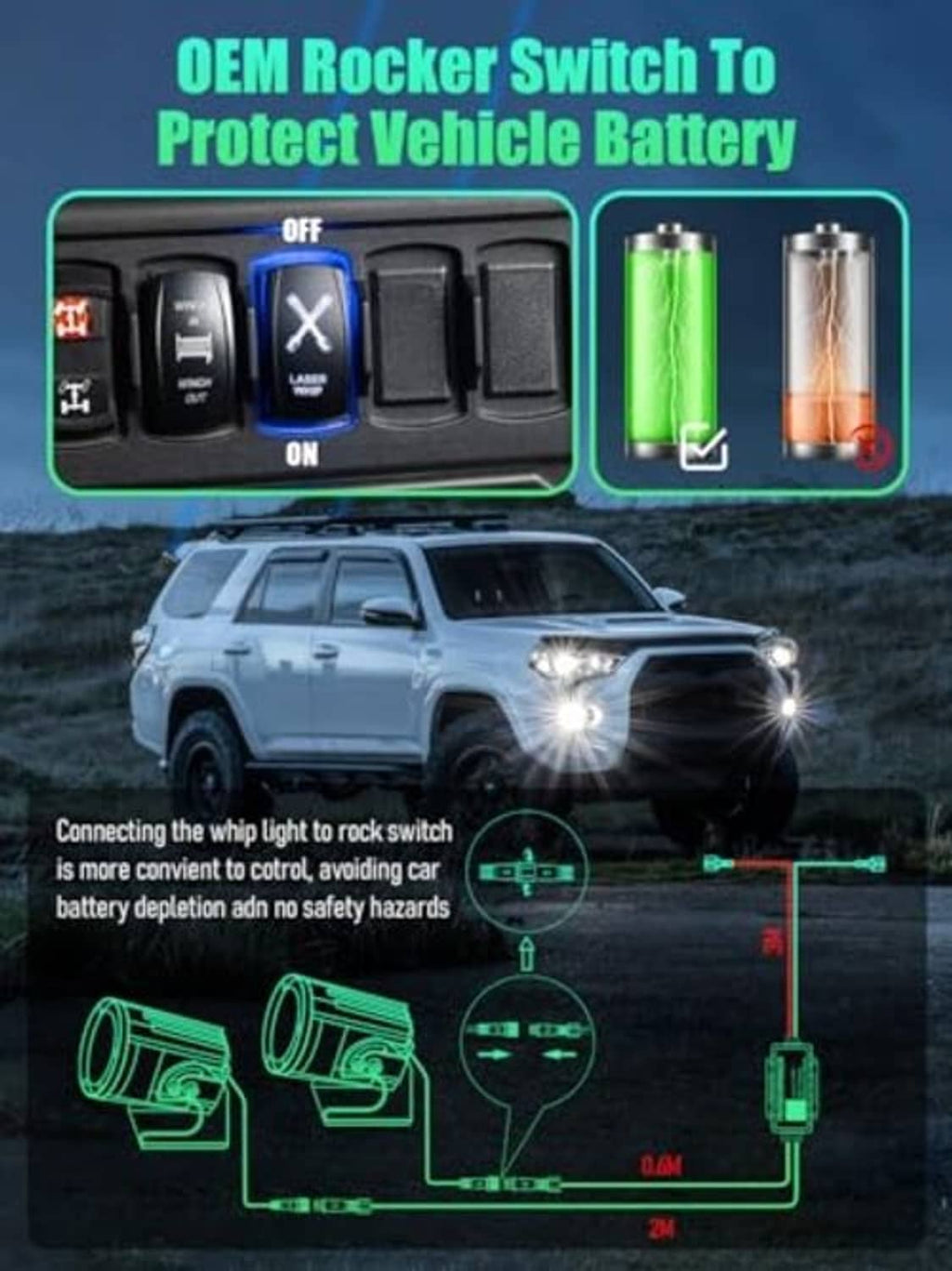 Laser whip light power control wiring with OEM rocker switch for battery protection