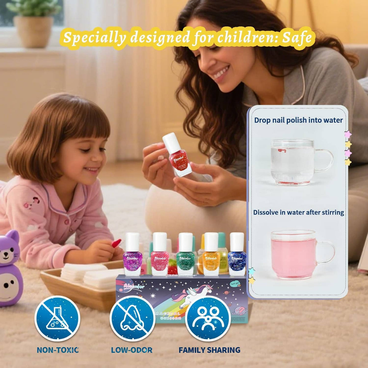 Parent and child applying kids glitter nail polish with assorted bottles on table