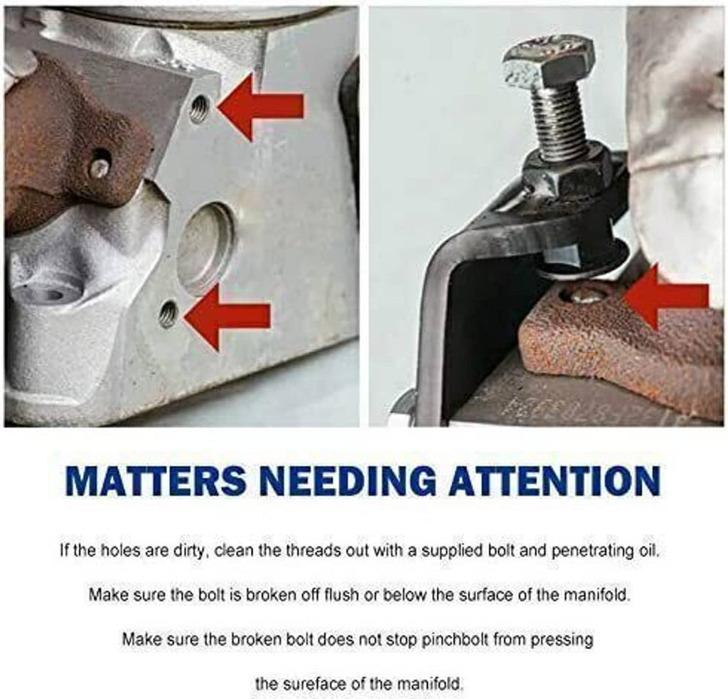 Exhaust manifold mounting area with replacement bolt and bracket over rusted metal