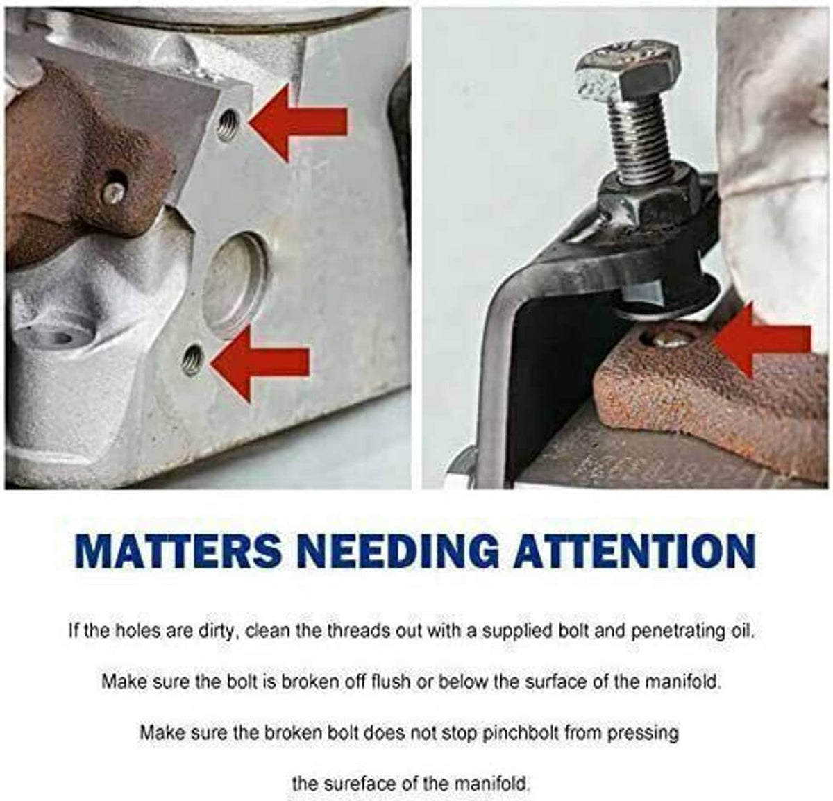 Exhaust manifold mounting area with replacement bolt and bracket over rusted metal