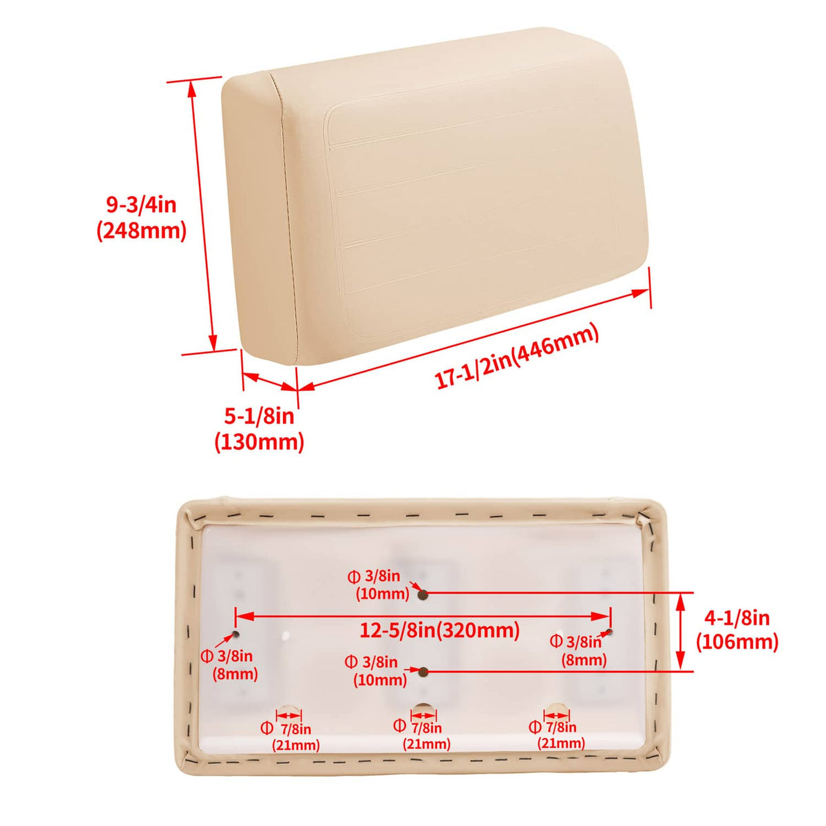 Beige padded backrest cushion with contoured panels and stitched edges