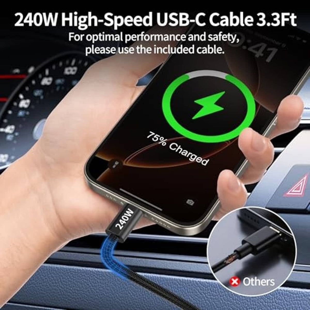 USB-C cable with charger adapter, 240W high-speed charging shown with phone