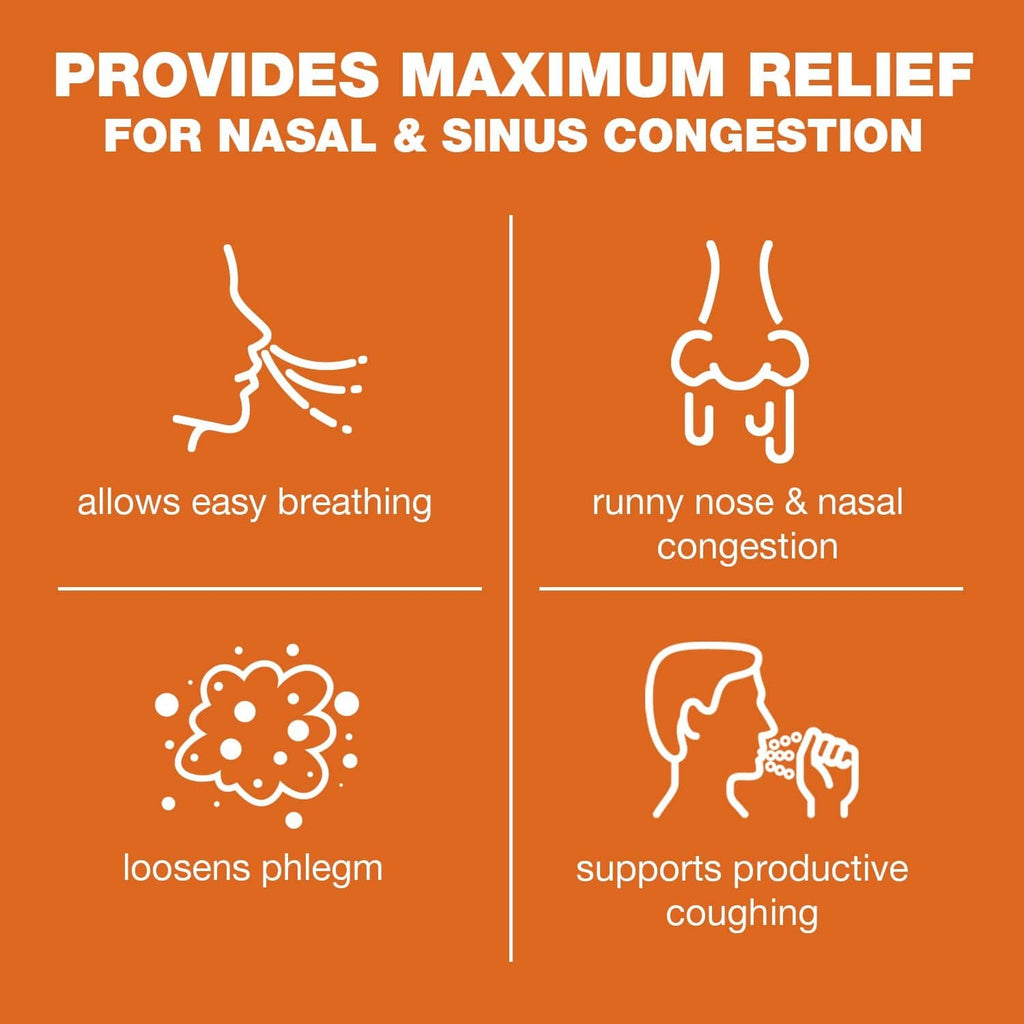 Nasal & sinus congestion relief infographic with breathing and runny nose icons