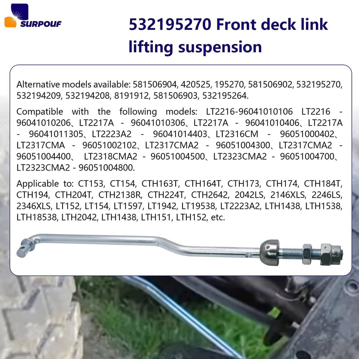 Front deck lift suspension link with threaded bolt and washers