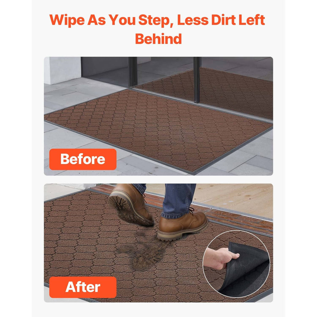 Brown front door mat shown in use to wipe shoes and trap dirt