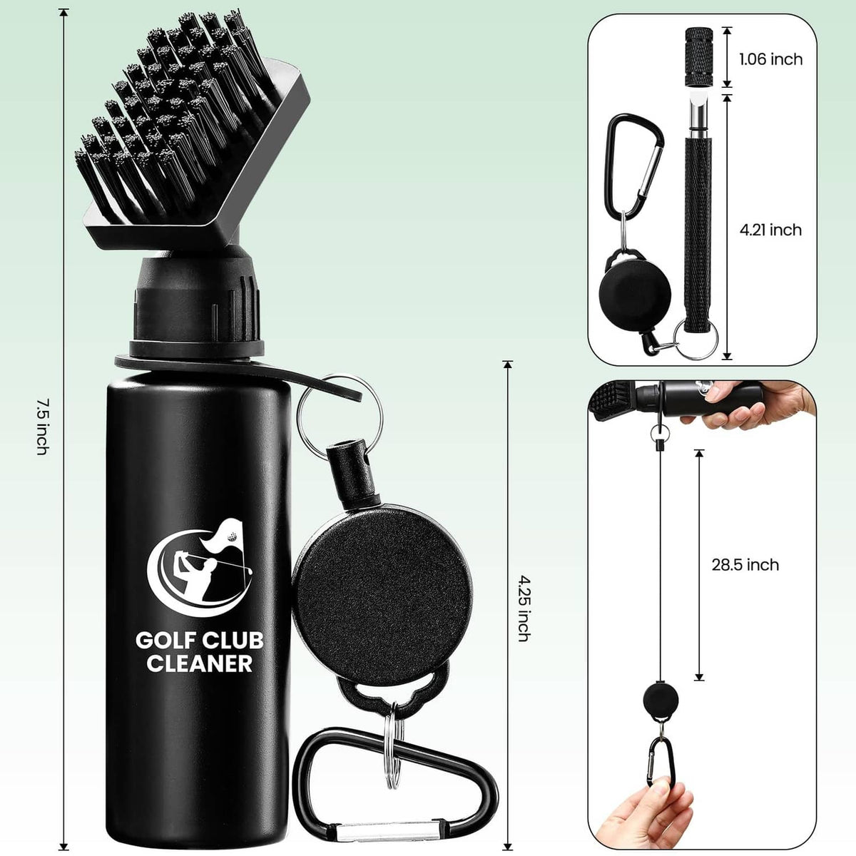 Black golf club brush cleaner bottle with retractable zip-line, sponge pad, and three brush heads
