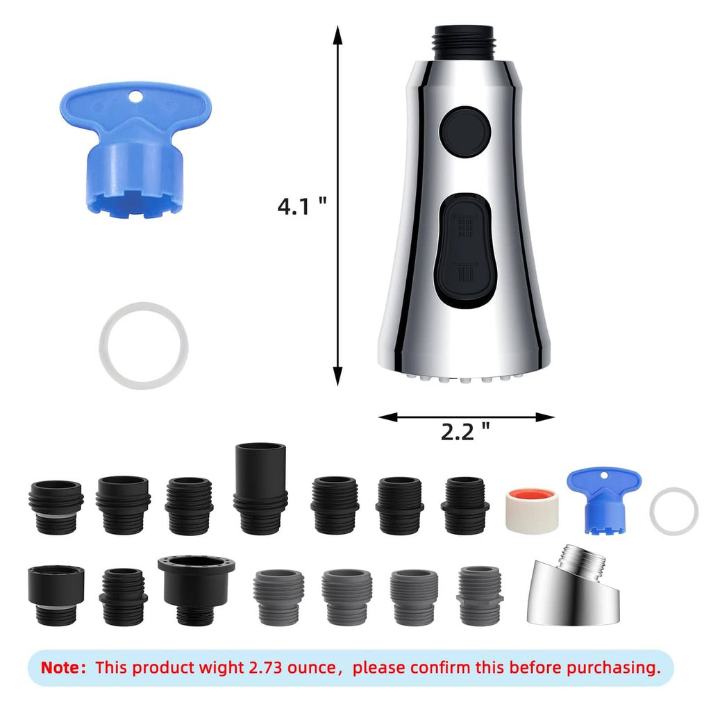 Faucet spray head kit with blue adapter tool, O-ring, and multiple thread adapters