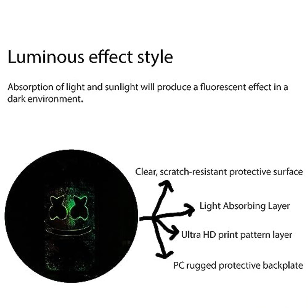 Light-absorbing luminous patterned phone case back with clear scratch-resistant surface.