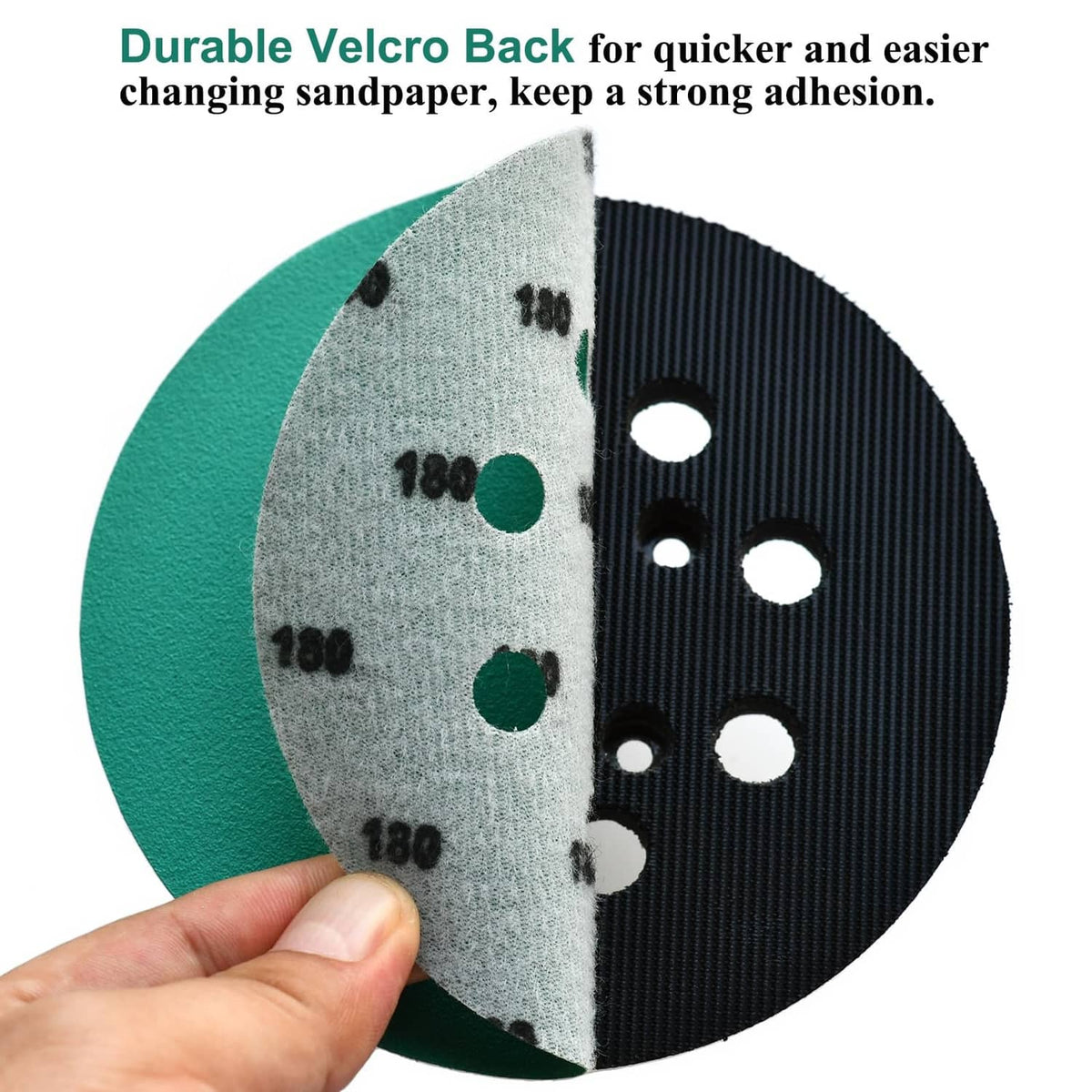 Green sanding disc with gray hook-and-loop backing and 8-hole dust ports