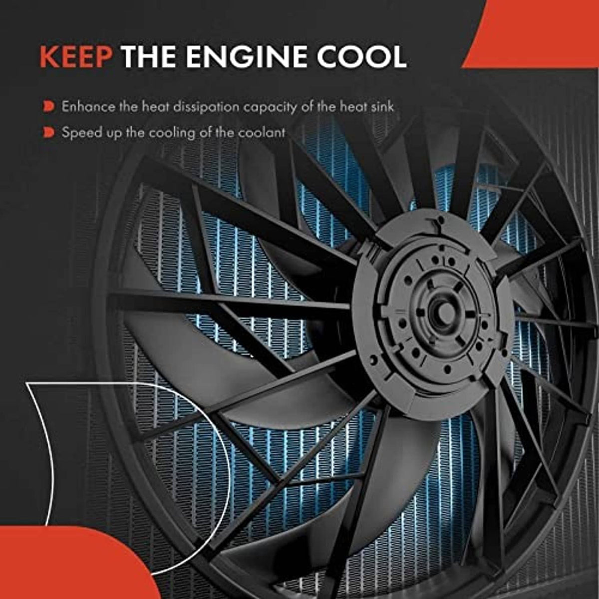 Radiator cooling fan assembly with multi-blade fan near radiator fins