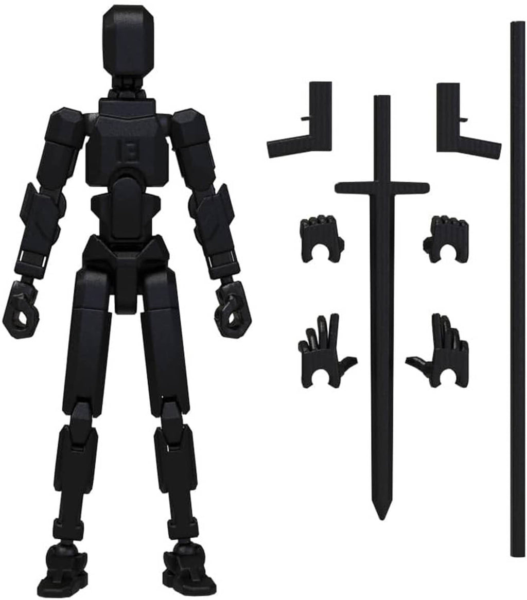 Black assembled robot action figure with sword and spare limb parts, standing