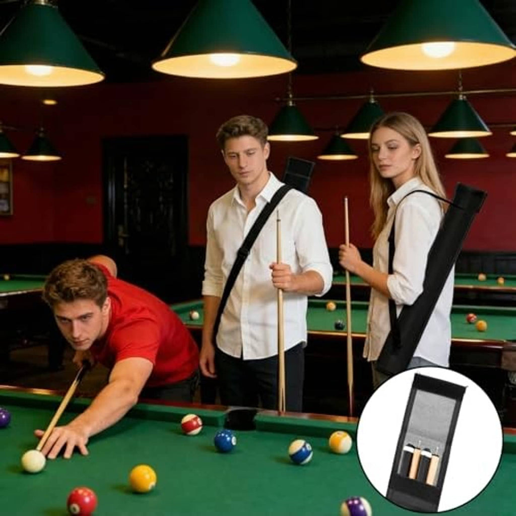 Black pool cue case worn across shoulder with cue sticks stored inside