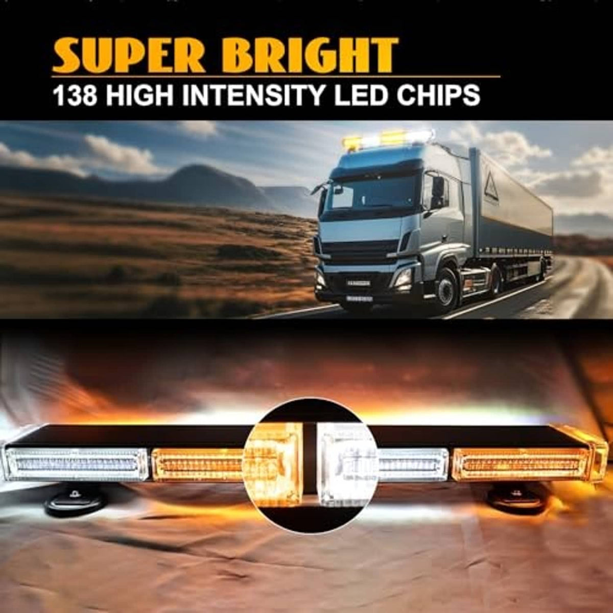 Amber and white LED strobe light bar lens detail showing central flash area.