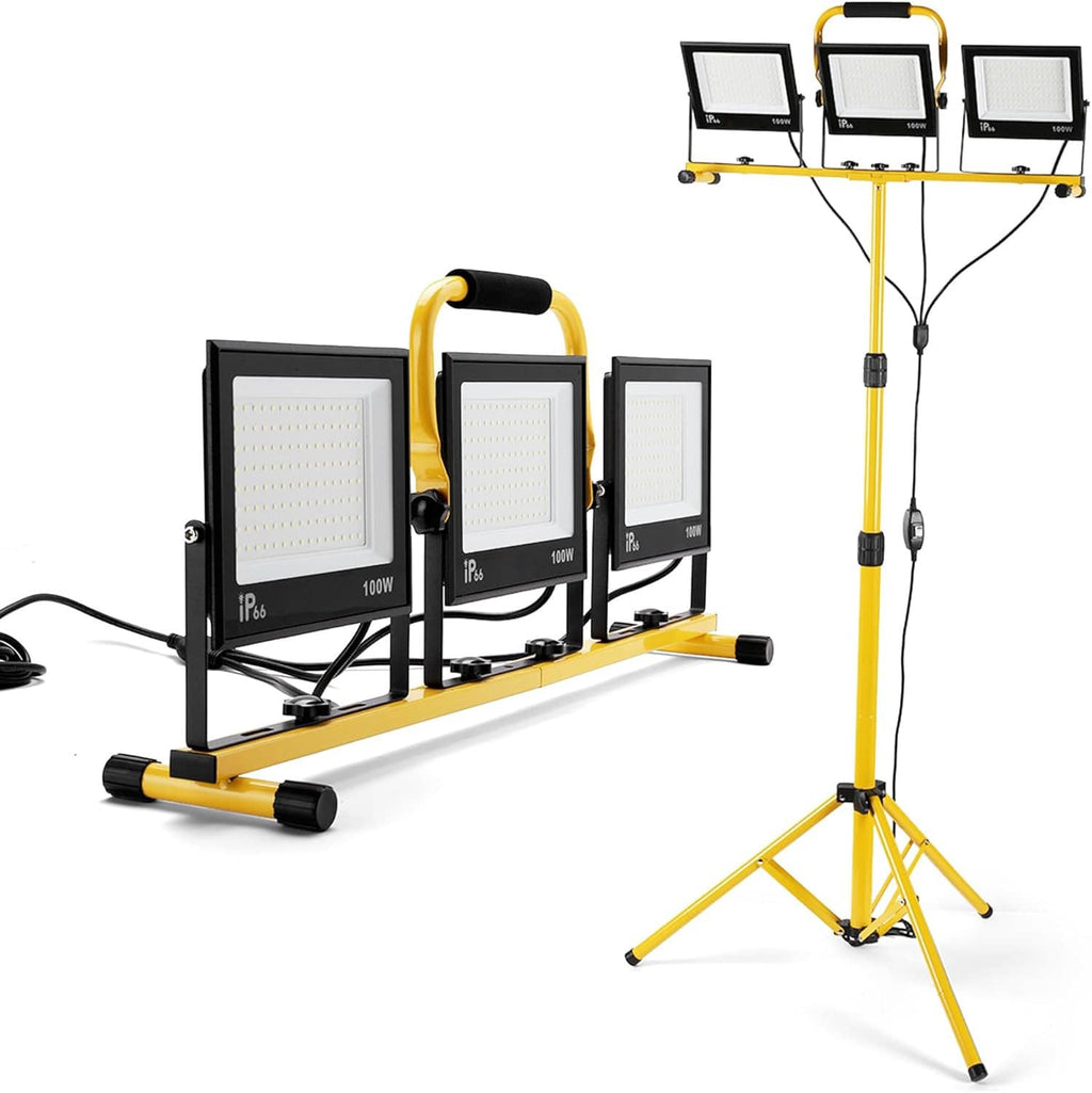3-head LED work light on yellow tripod stand with adjustable lamp bar