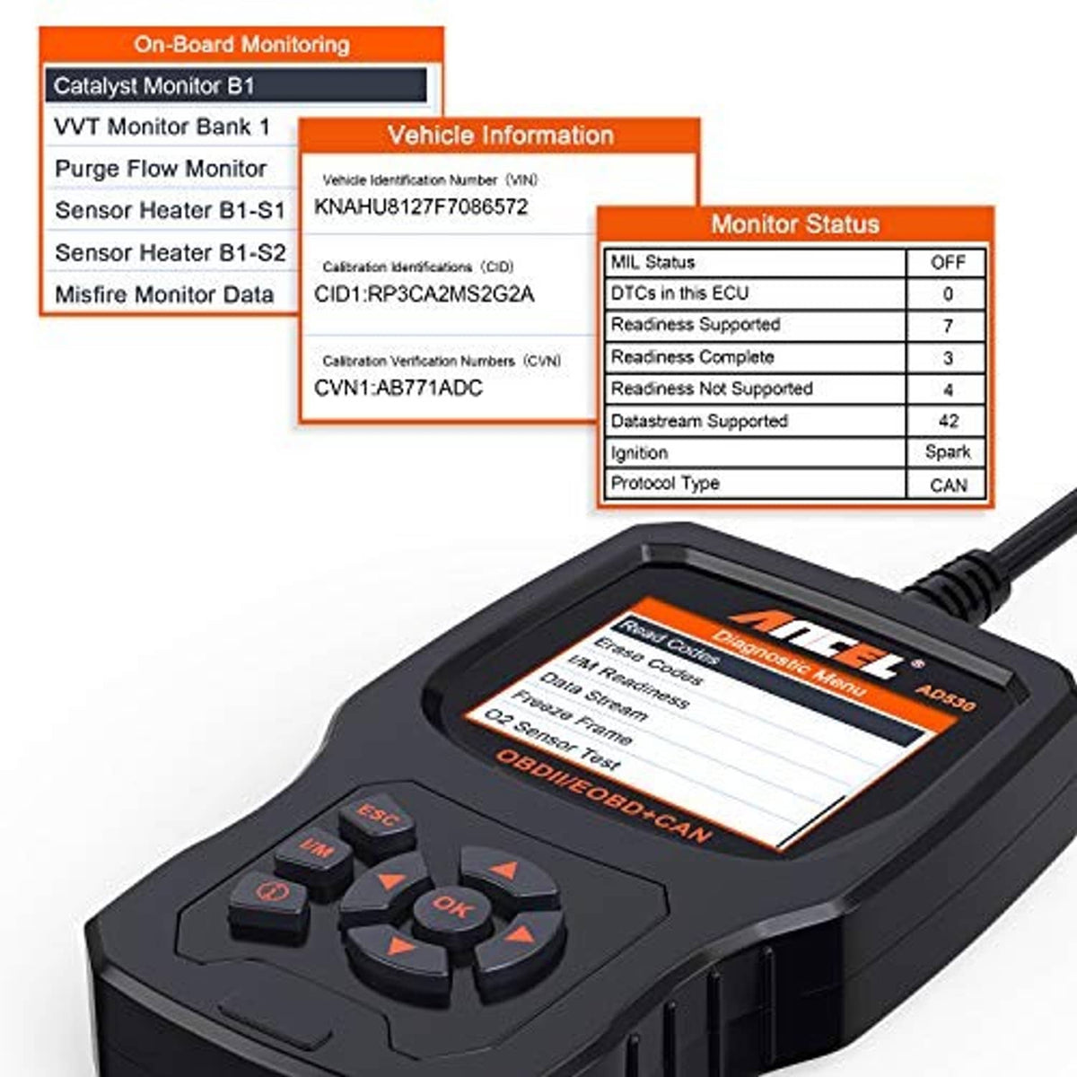 Handheld OBD2 scanner showing live vehicle monitor lists on its color screen