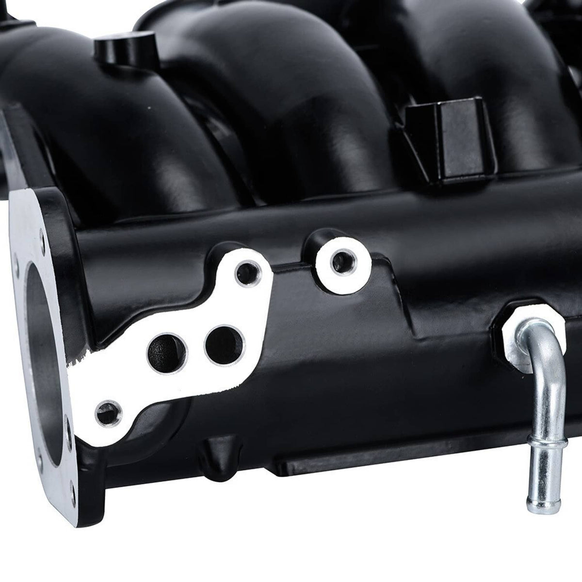 Black intake manifold end section with silver flange and two mounting holes