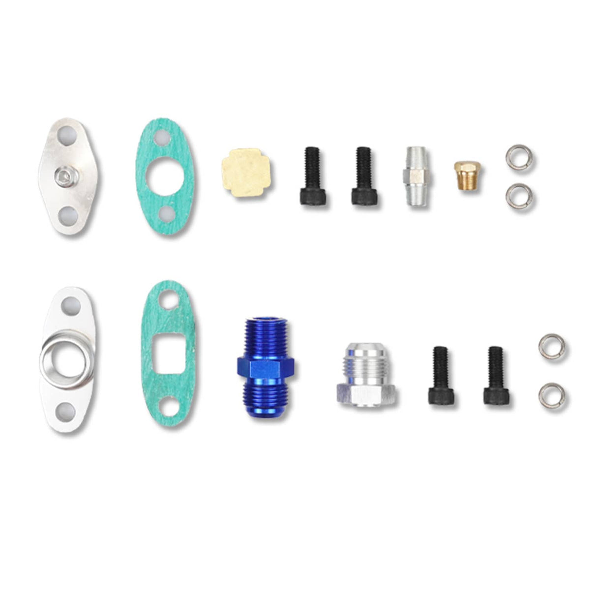 Turbo oil feed and drain line kit components: gaskets, adapters, and connectors