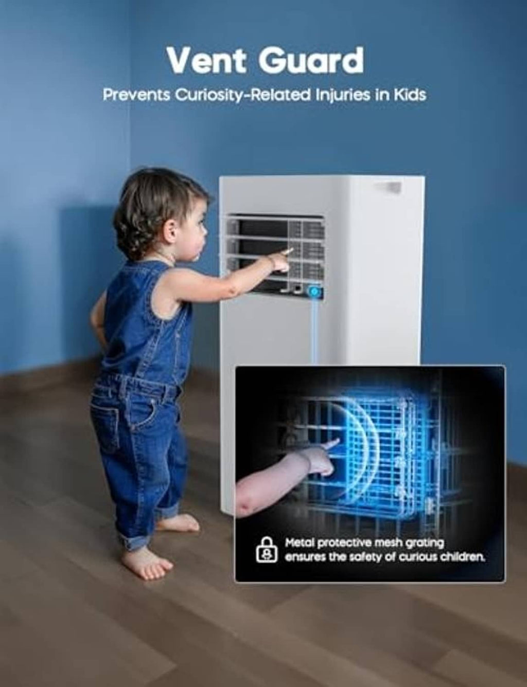 White portable air conditioner with vent guard, child reaching toward vent