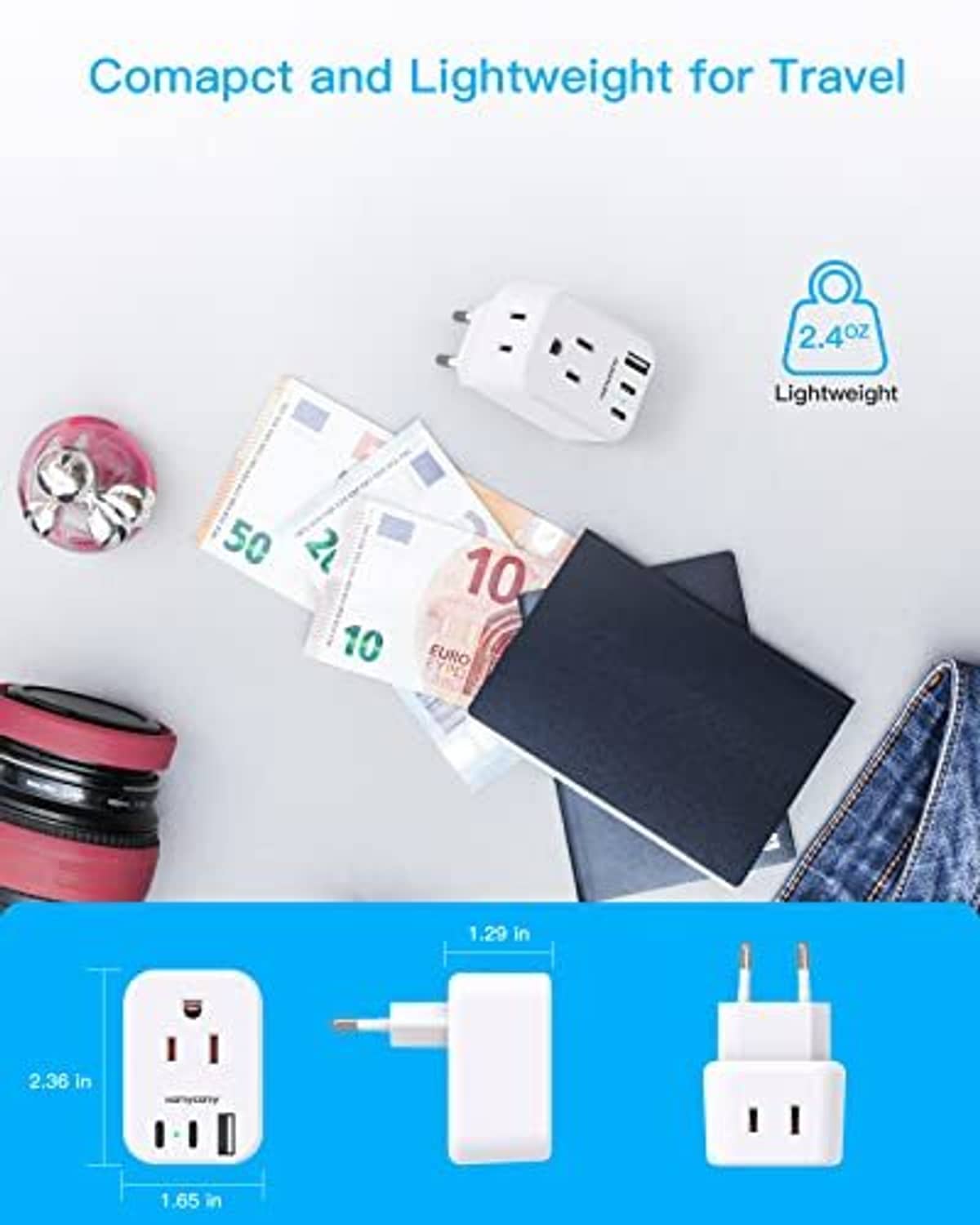 Small white travel plug adapter with two outlets and a flat compact design
