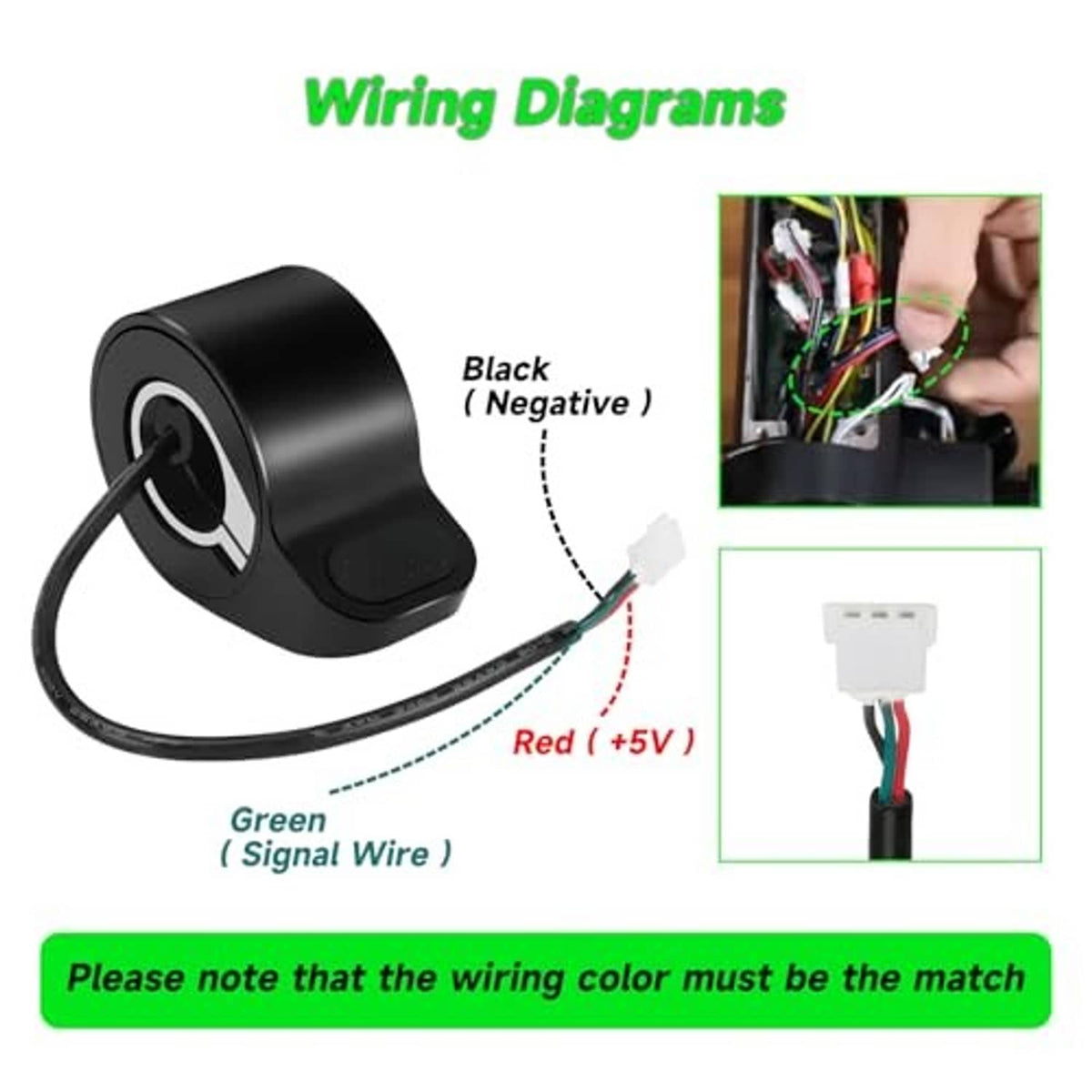Black thumb throttle with wiring harness showing red and green signal wires