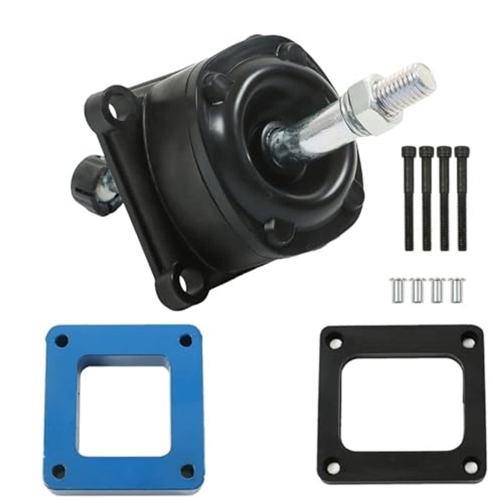 Manual short throw shifter assembly with black housing, silver rod, blue plate, and fasteners