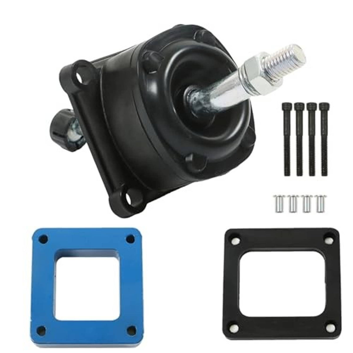 Manual short throw shifter assembly with black housing, silver rod, blue plate, and fasteners