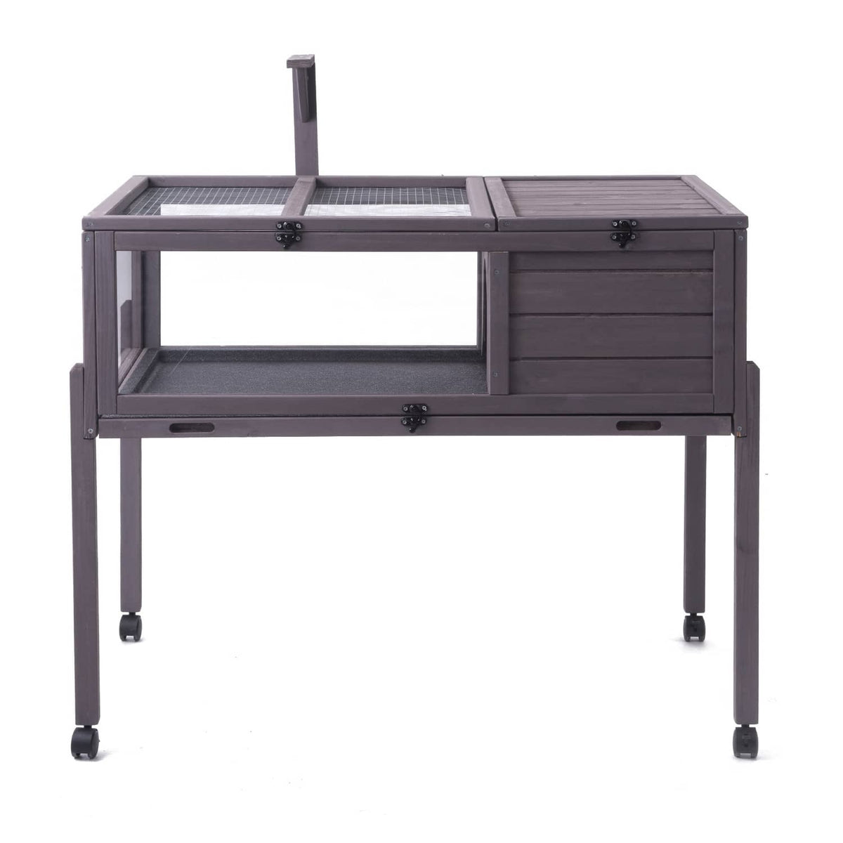 Gray wooden tortoise habitat with metal mesh sections and rolling casters, empty