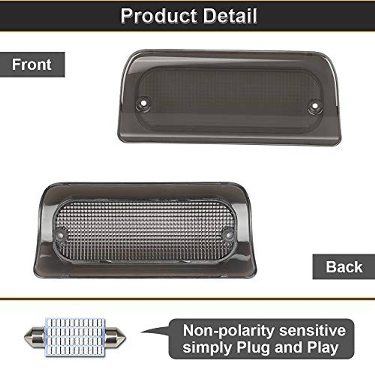 Smoked third brake light lens cover front and rear view with LED bulb module