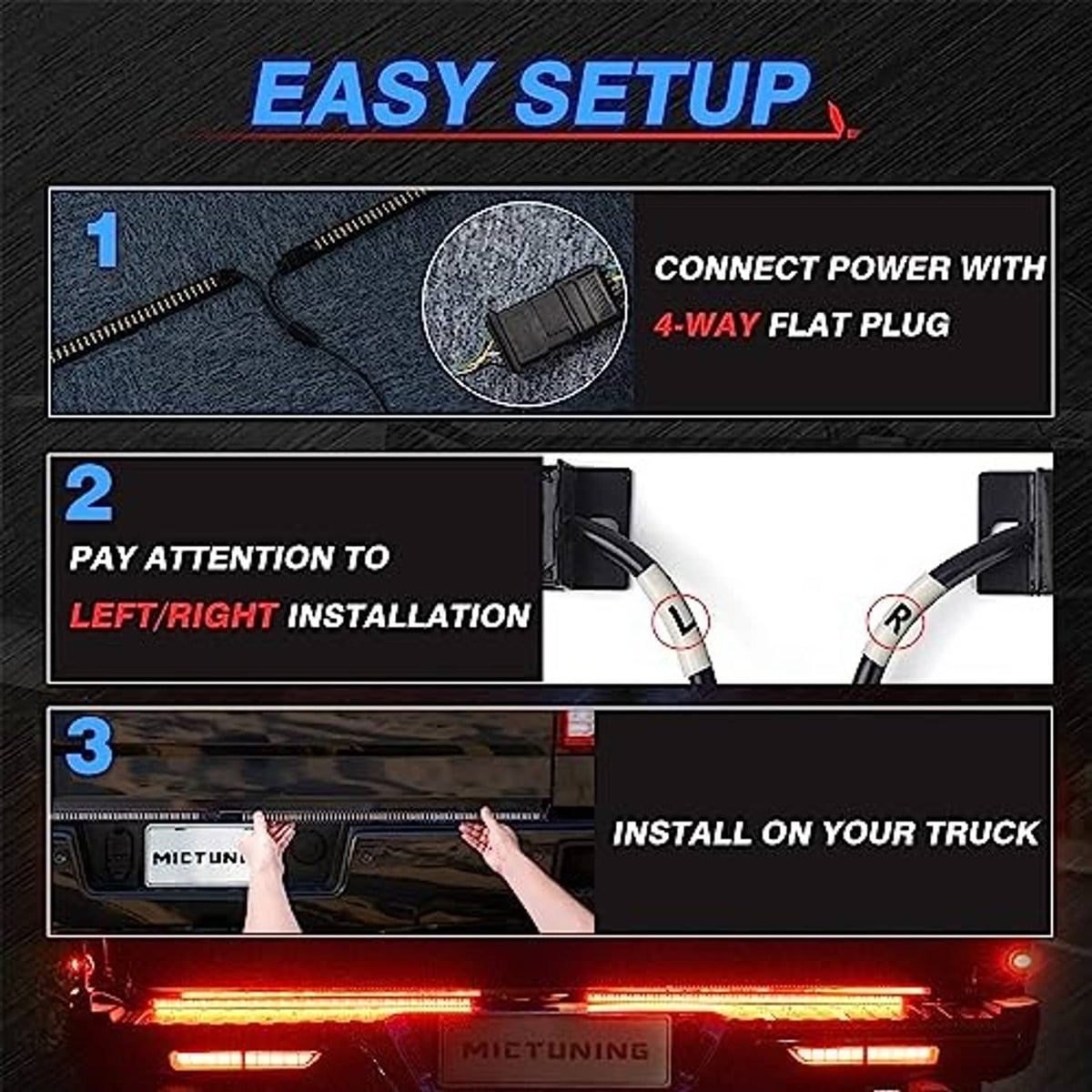 Truck tailgate LED light bar installation showing 4-way flat plug and mounting steps