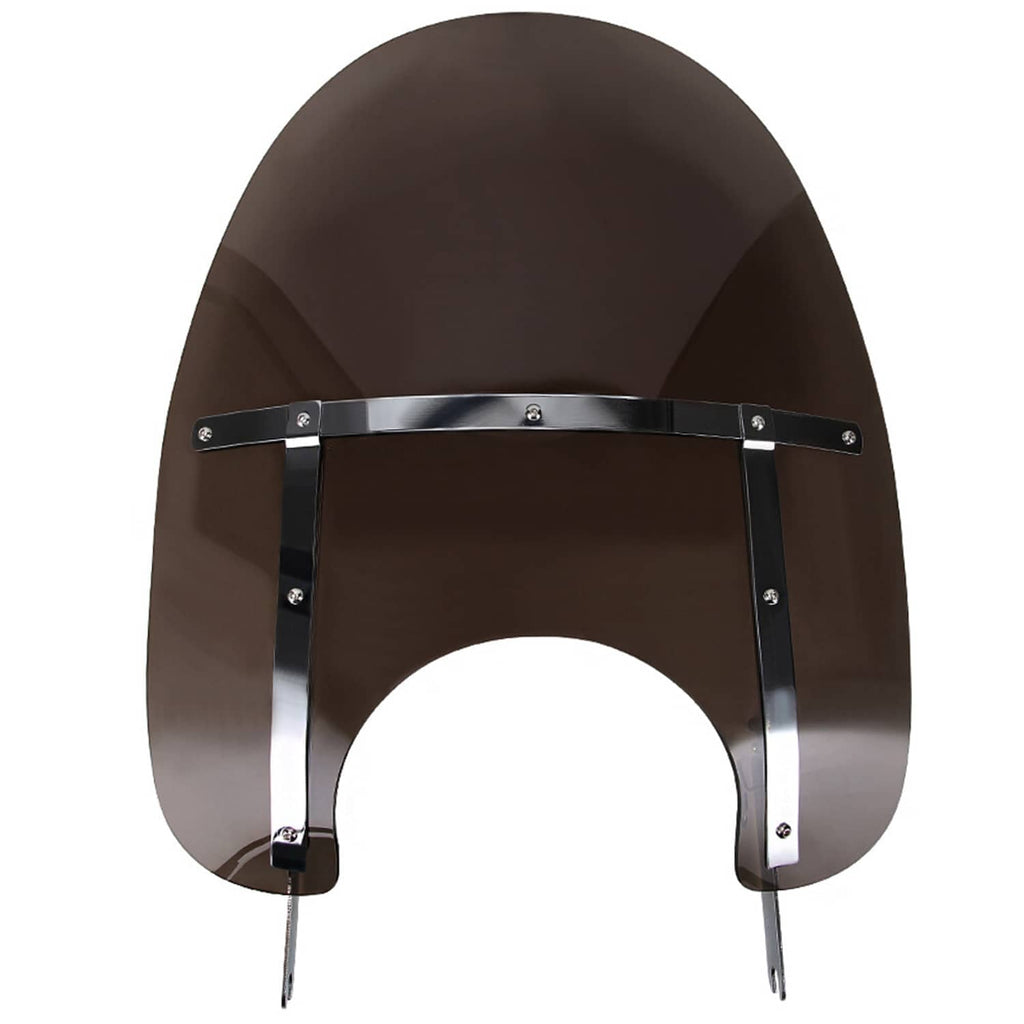 Smoked motorcycle windshield with chrome mounting bracket and two front support legs
