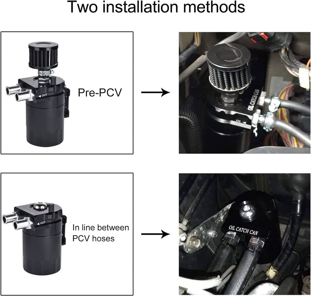 Oil catch can installation kit showing two mounting methods for PCV hose