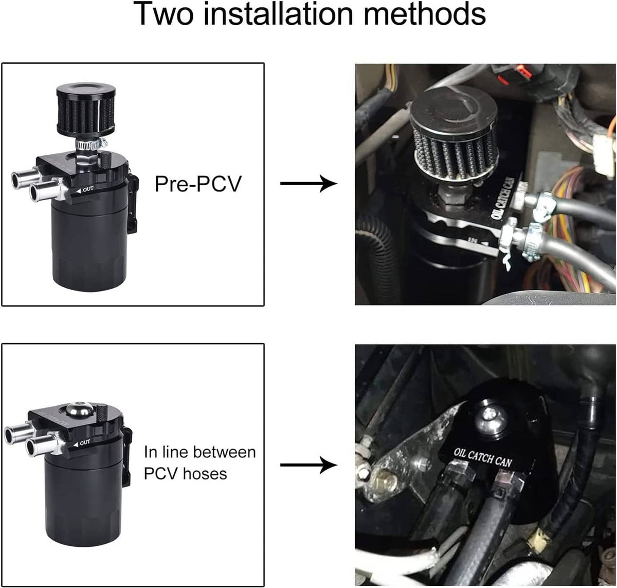 Oil catch can installation kit showing two mounting methods for PCV hose